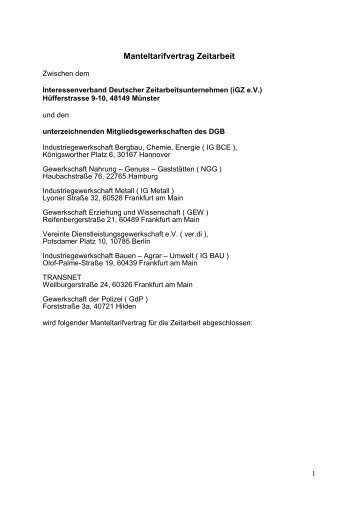 IGZ - Manteltarifvertrag Zeitarbeit (PDF, 50 kB ) - DGB