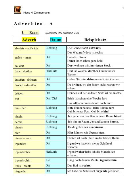 Adverbien - A Adverb Raum Beispielsatz