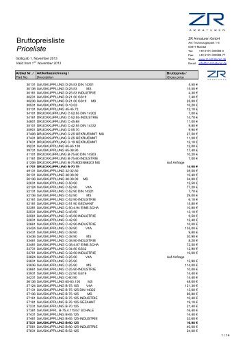 Bruttopreisliste ZR gültig ab Nov. 2013 - ZR-Armaturen
