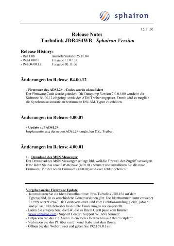 Release Notes Turbolink JDR454WB Sphairon Version