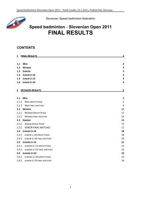 Slovenian Open 2011 FINAL RESULTS - Speedminton