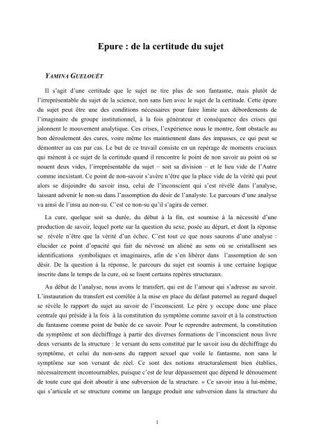 Yamina Guelouët - Epure : de la certitude du sujet - École de ...