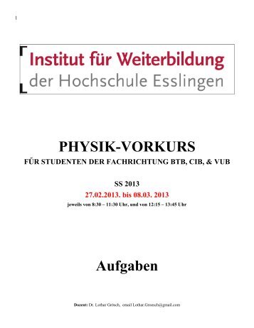 PHYSIK-VORKURS Aufgaben