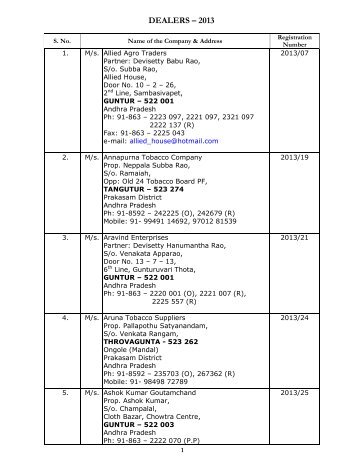 Directory of Dealers - Tobacco Board