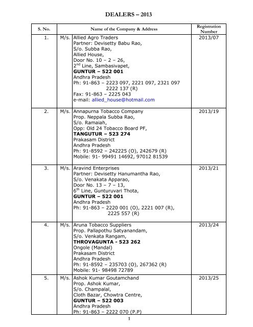 Directory of Dealers - Tobacco Board