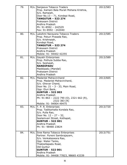 Directory of Dealers - Tobacco Board