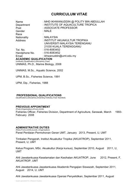 Curriculum Vitae Akuatrop Umt Universiti Malaysia Terengganu