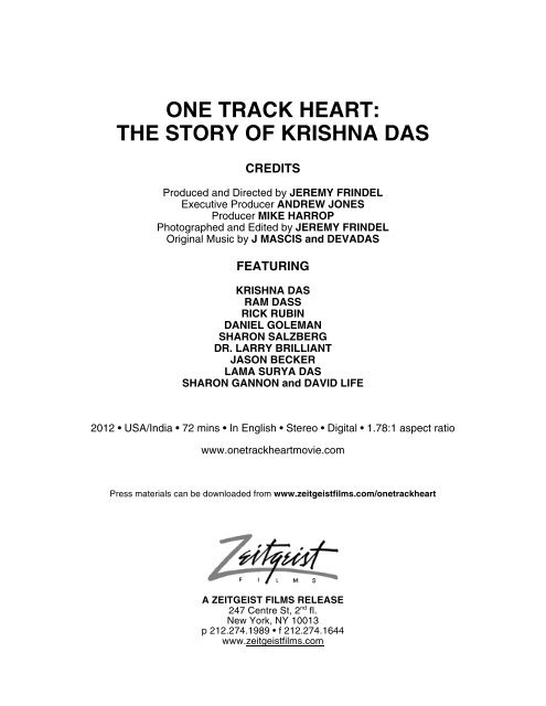 ONE TRACK HEART: THE STORY OF KRISHNA DAS - Zeitgeist Films.