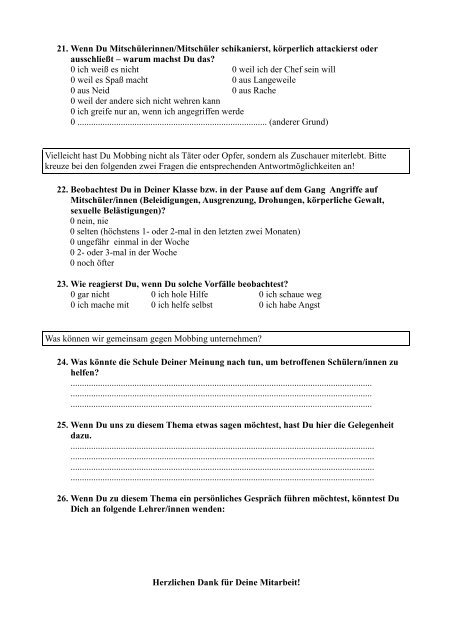 Fragebogen zum Thema Gewalt und Mobbing an Schulen