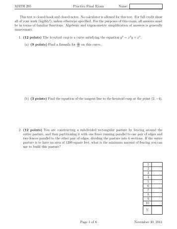 MATH 205 Practice Final Exam Name: This test is closed-book and ...