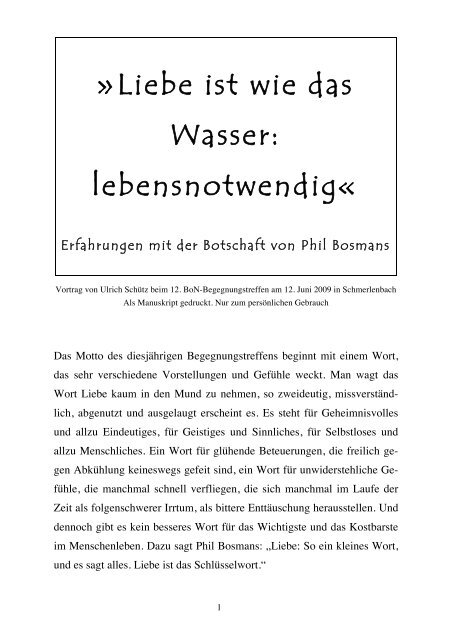 Liebe ist wie das Wasser: lebensnotwendig« - Bund ohne Namen