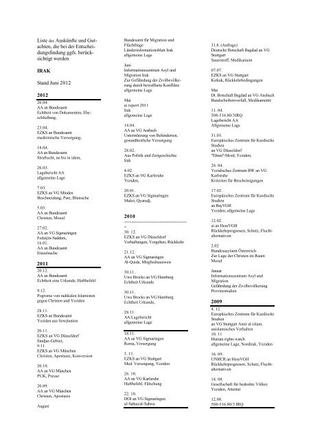 Erkenntnisquellenliste Irak Stand Juni 2012