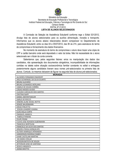 Lista dos alunos selecionados - IFRS