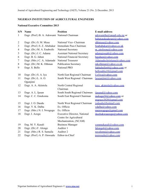 Volume 21 (No. 2) - Nigerian Institution of Agricultural