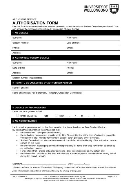 AUTHORISATION FORM - University of Wollongong