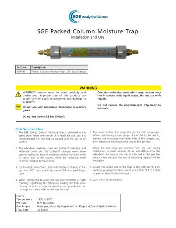 SGE Packed Column Moisture Trap - SGE Analytical Science