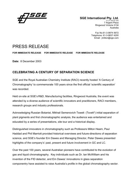 Celebrating a century of separation science - SGE Analytical Science