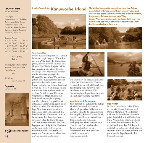 Aktivurlaub, Gruppenreisen und Kanutouren 2012