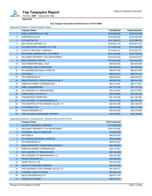 Top Taxpayers Report - Hidalgo County Appraisal District