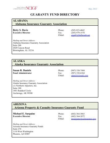 GUARANTY FUND DIRECTORY - NCIGF