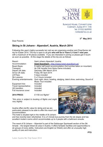 Ski Trip Letter - Austria Easter 2014 - Notre Dame School, Cobham