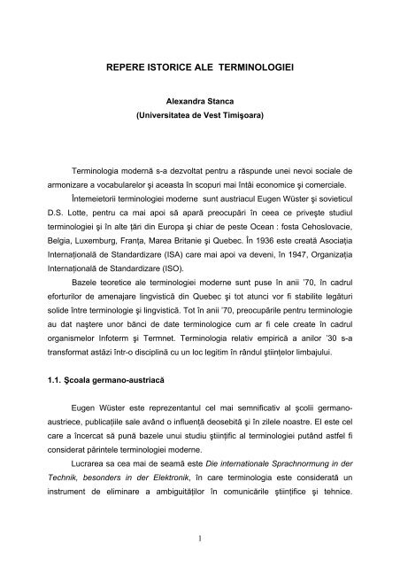 REPERE ISTORICE ALE TERMINOLOGIEI