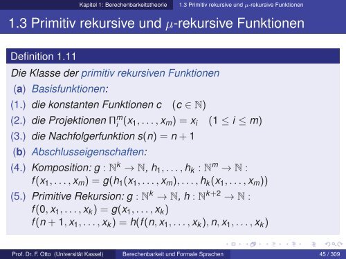 1.3 Primitiv rekursive und μ-rekursive Funktionen - Universität Kassel