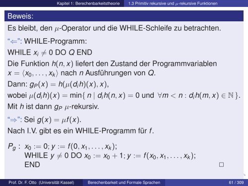 1.3 Primitiv rekursive und μ-rekursive Funktionen - Universität Kassel