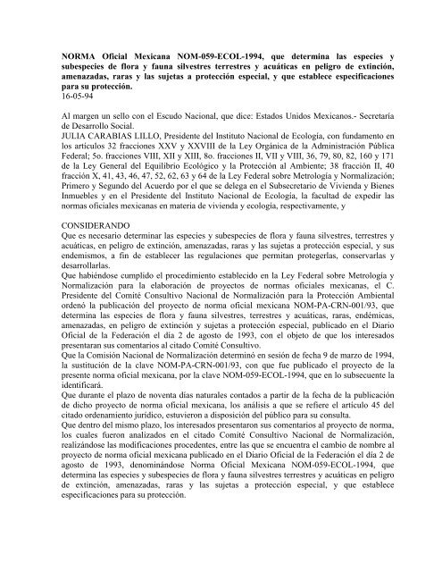 sedesol nom-059-ecol-1994 - Secretaría del Medio Ambiente