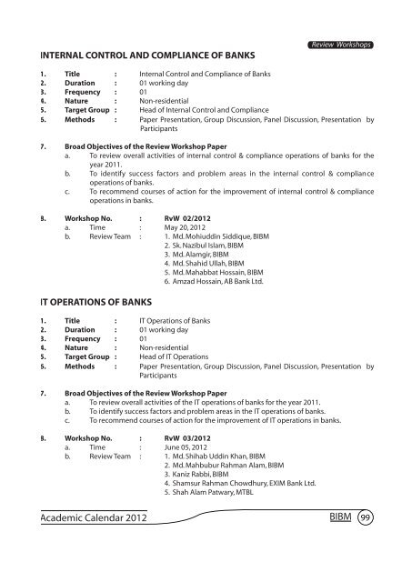 Academic Calendar 2012 - Bangladesh  Institute of Bank Management