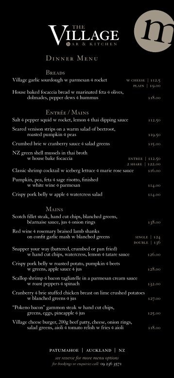 dinner menu - The Village Bar & Kitchen