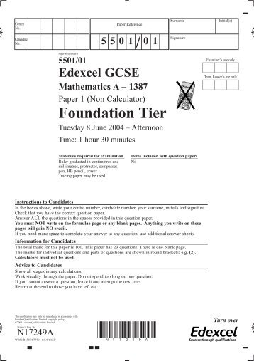 Maths GCSE Foundation Paper 1 June 2004 - Nicholas Breakspear ...