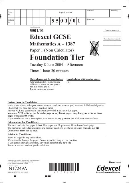 Maths Gcse Foundation Paper 1 June 04 Nicholas Breakspear