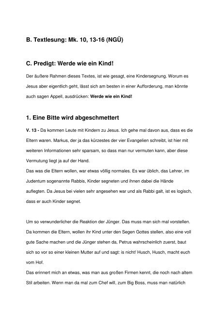 Predigt mit Exegese - Mk. 10, 13-16 - Werde wie ein Kind - Veitc.de