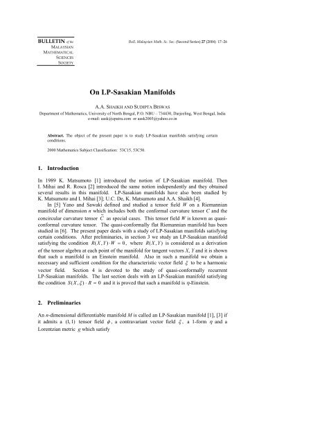 On LP-Sasakian Manifolds - Mathematical Sciences