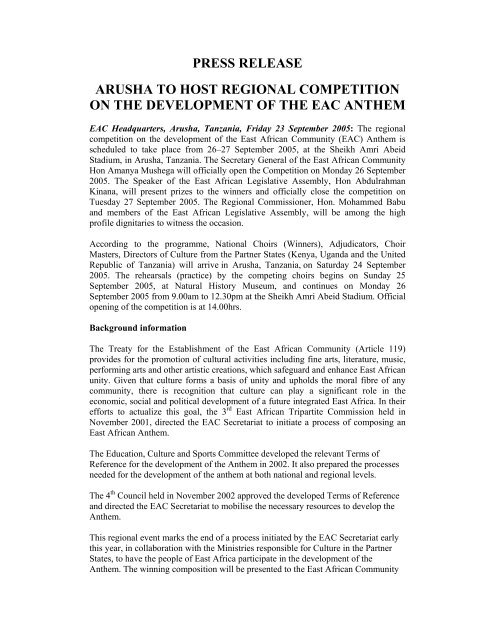 press release arusha to host regional competition on the ...