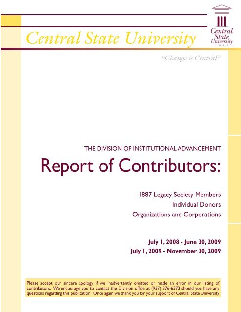 Contributors Report 7-1-08 to 11-30-09 - Central State University