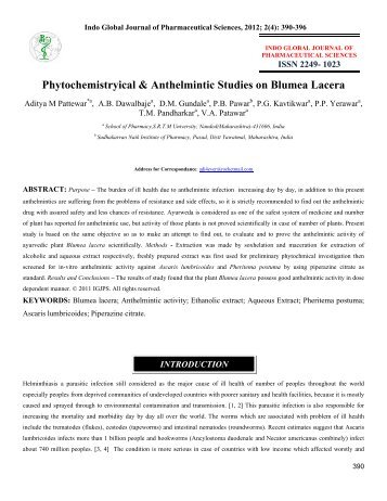 Phytochemistryical & Anthelmintic Studies on Blumea Lacera