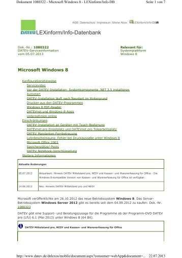 Windows 8 Info-Datenbank, Dok.-Nr. 1080322 - bei datenservice ...