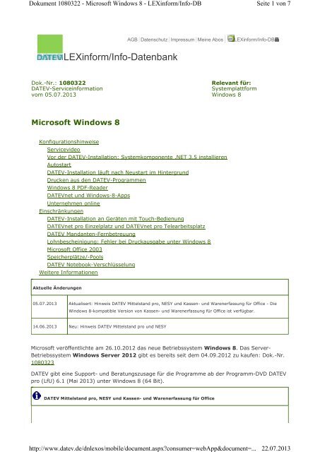 Windows 8 Info-Datenbank, Dok.-Nr. 1080322 - bei datenservice ...