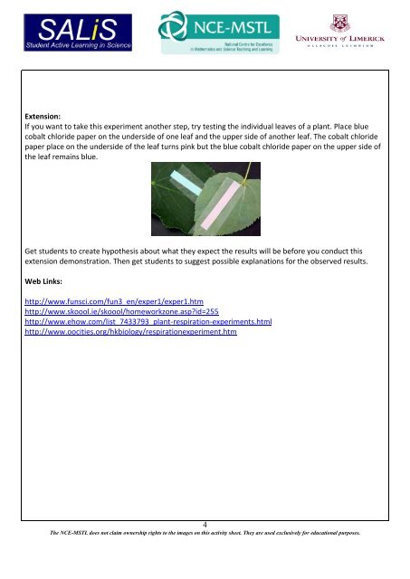 1 To identify the products of respiration – water - NCE-MSTL