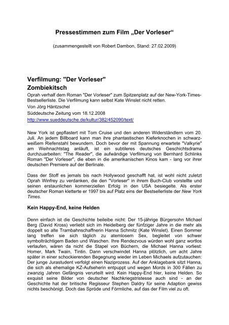 Rezension Von Der Vorleser Bernhard Schlink: „Der Vorleser“ Essay zur Problematik: Hanna und