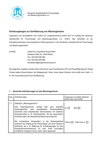 Erhebungsbogen zur Zertifizierung von Weaningzentren - SDGP