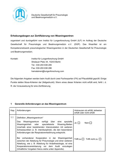 Erhebungsbogen zur Zertifizierung von Weaningzentren - SDGP