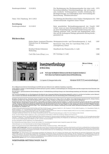 aus dem inhalt - WM IV Zeitschrift für Wirtschafts- und Bankrecht