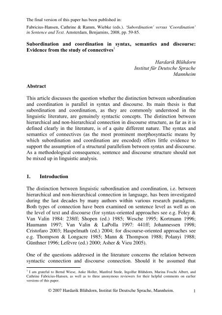 Subordination and coordination in syntax, semantics and discourse ...