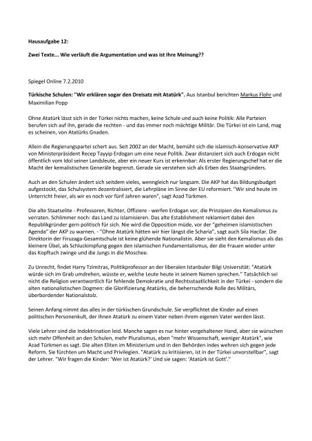 Hausaufgabe 12: Zwei Texte... Wie verläuft die Argumentation und ...