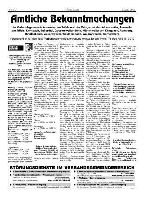 Bekanntmachungen im Trifelskurier vom 18.04.2013