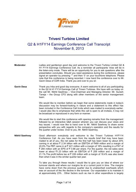 Transcript of Investors/ Analysts Conference Call - Triveni Engineering