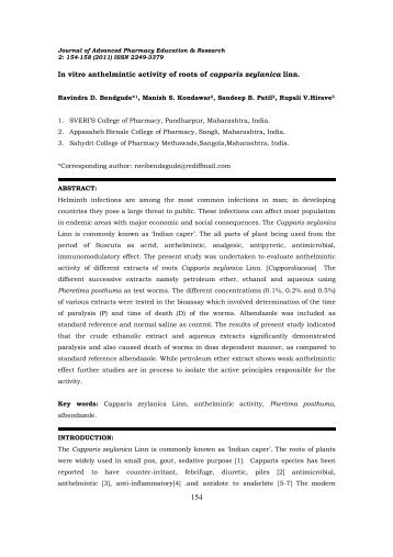 In vitro anthelmintic activity of roots of capparis zeylanica linn. - japer